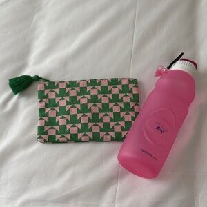 Pink Silicone Water Bottle and Green Patterned Pouch Set